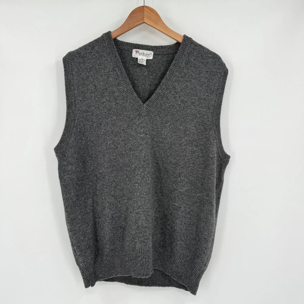 Parker of Vienna Charcoal Gray Lambswool V-Neck Sweater Vest Mens XL‎